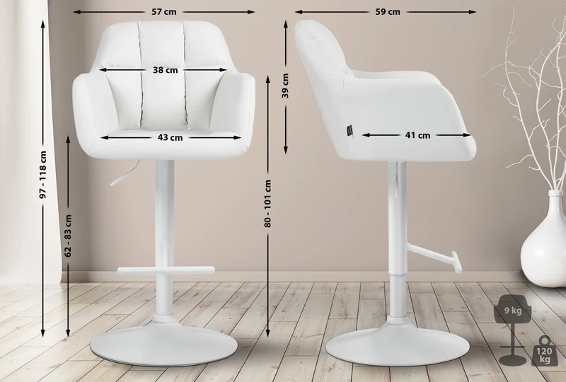 Tabouret de bar chaise haute x1 fonction rotation 360° en similicuir blanc avec coutures décoratives piètement métal blanc 10_0006658