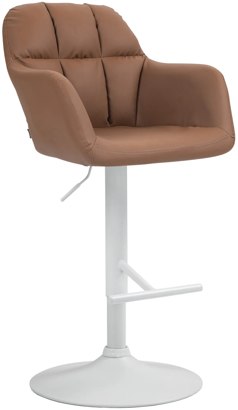 Tabouret de bar chaise haute x1 fonction rotation 360° en similicuir marron clair avec coutures décoratives piètement métal blanc 10_0006531