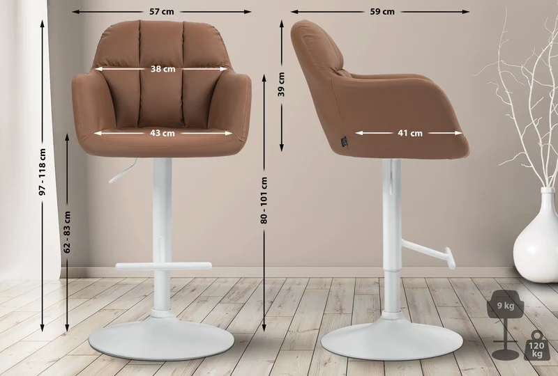Tabouret de bar chaise haute x1 fonction rotation 360° en similicuir marron clair avec coutures décoratives piètement métal blanc 10_0006531