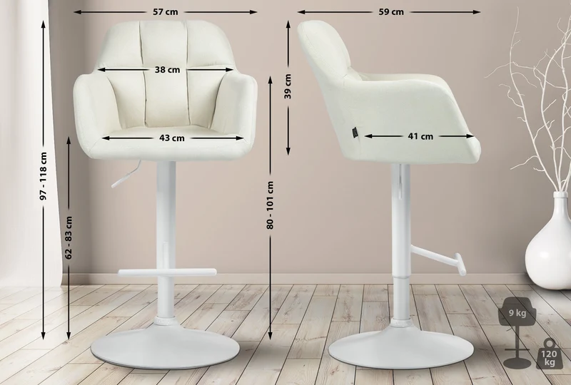 Tabouret de bar chaise haute x1 fonction rotation 360° en tissu crème avec coutures décoratives piètement métal blanc 10_0006530