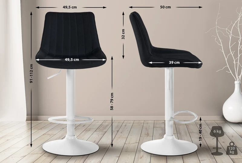 Tabouret de bar x1 réglable en hauteur pivotant à 360° assise en tissu noir couture verticale pied métal blanc 10_0006041