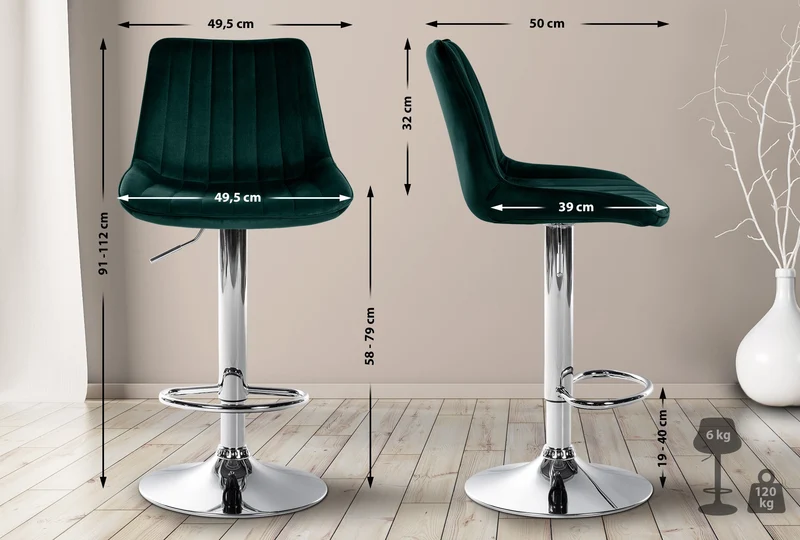 Lot de 2 tabourets de bar réglable en hauteur pivotant à 360° assise en velours vert couture verticale pied métal chromé 10_0006734