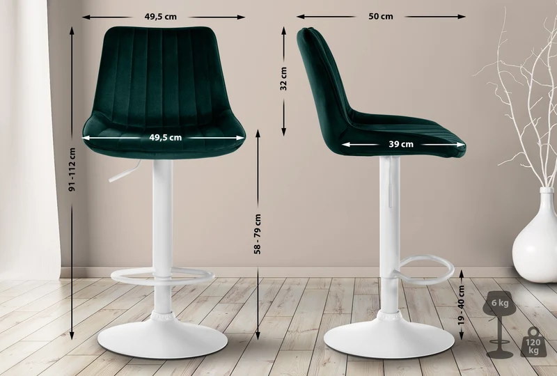 Lot de 2 tabourets de bar réglable en hauteur pivotant à 360° assise en velours vert couture verticale pied métal blanc 10_0006731