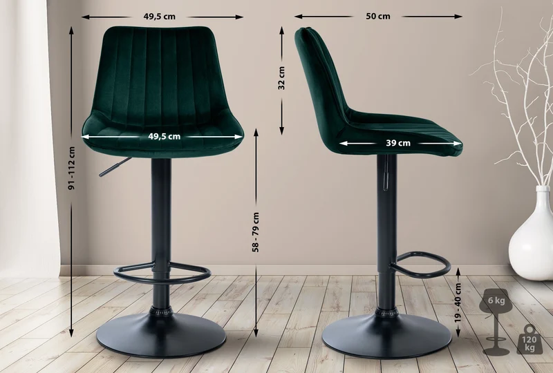 Tabouret de bar x1 réglable en hauteur pivotant à 360° assise en velours vert couture verticale pied métal noir 10_0006444