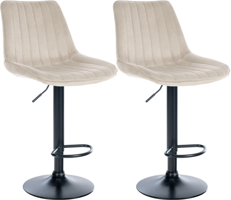 Lot de 2 tabourets de bar réglable en hauteur pivotant à 360° assise en velours crème couture verticale pied métal noir 10_0005910