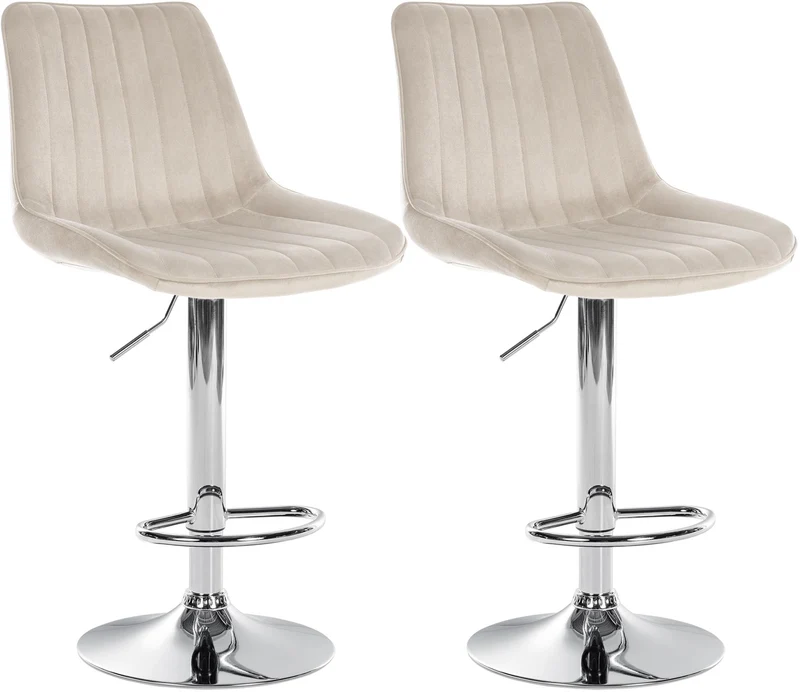 Lot de 2 tabourets de bar réglable en hauteur pivotant à 360° assise en velours crème couture verticale pied métal chromé 10_0005909