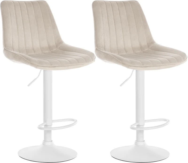 Lot de 2 tabourets de bar réglable en hauteur pivotant à 360° assise en velours crème couture verticale pied métal blanc 10_0005908