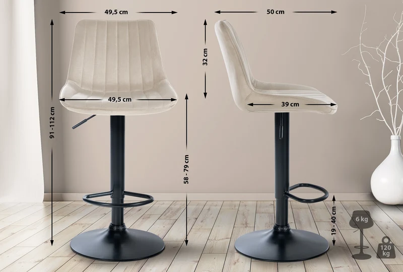 Tabouret de bar x1 réglable en hauteur pivotant à 360° assise en velours crème couture verticale pied métal noir 10_0005760