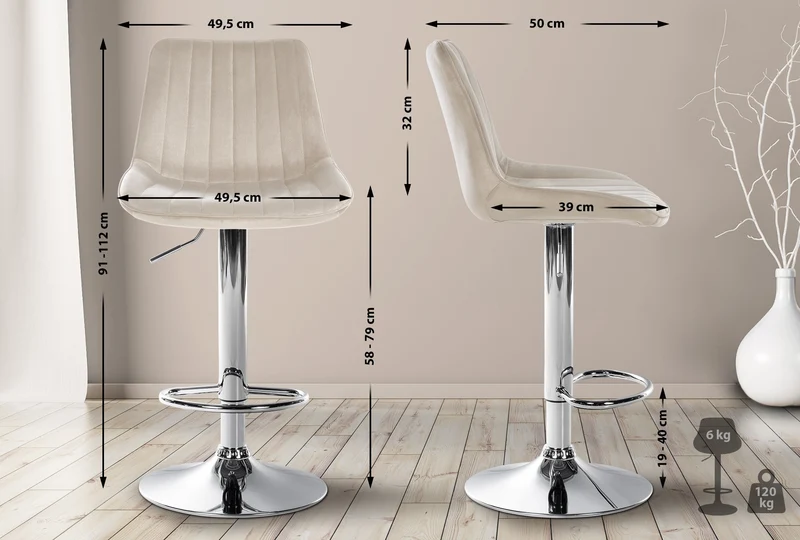 Tabouret de bar x1 réglable en hauteur pivotant à 360° assise en velours crème couture verticale pied métal chromé 10_0005759