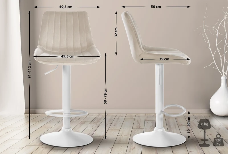 Tabouret de bar x1 réglable en hauteur pivotant à 360° assise en velours crème couture verticale pied métal blanc 10_0005758