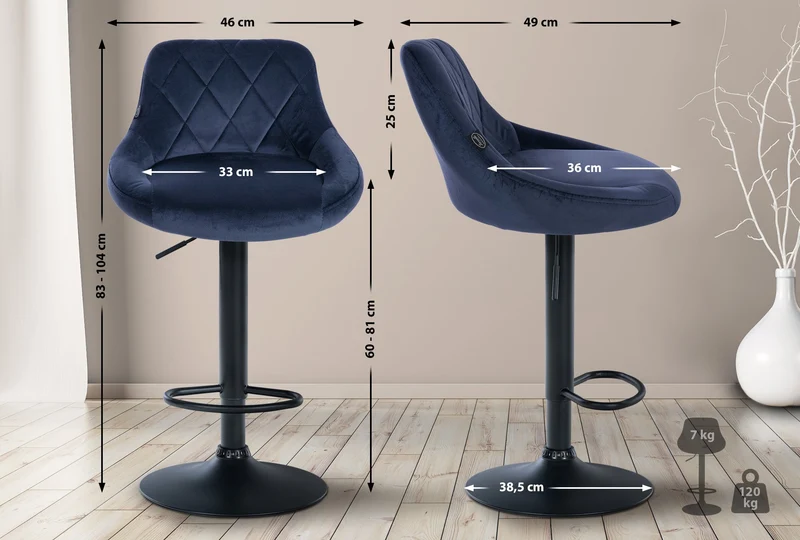 Set de 2 tabourets de bar coutures décoratives losanges assise en velours bleu et cadre en métal noir TDB10774
