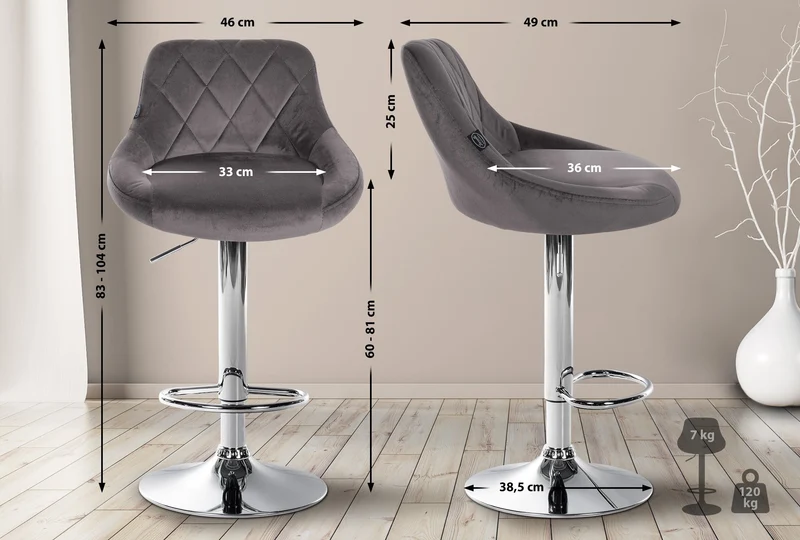 Set de 2 tabourets de bar coutures décoratives losanges assise en velours gris et cadre en métal chromé TDB10772