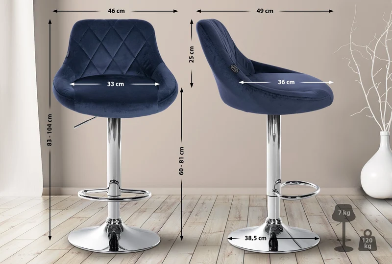 Set de 2 tabourets de bar coutures décoratives losanges assise en velours bleu et cadre en métal chromé TDB10767