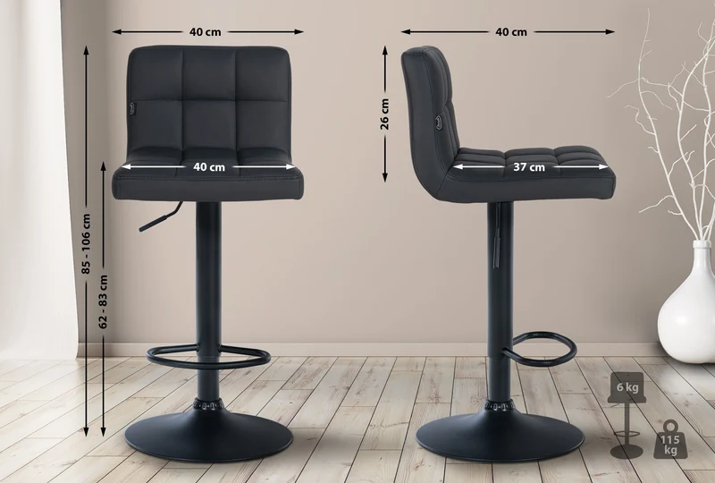 Set de 2 tabourets de bar réglable en hauteur avec couture décorative assise en similicuir noir et pied en métal noir TDB10766