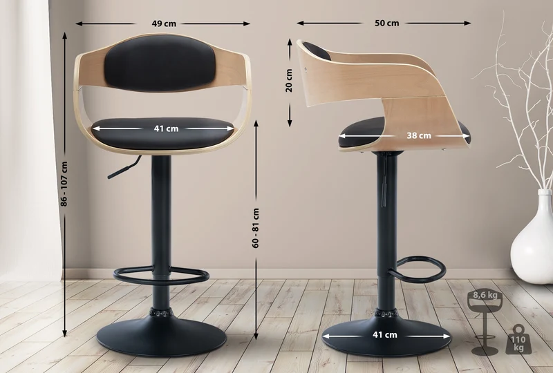 Set de 2 tabourets de bar chaises hautes pieds trompette en métal noir assise en bois clair et similicuir noir TDB10763