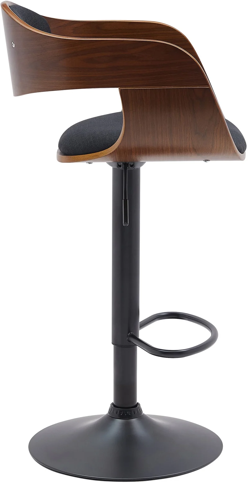 Set de 2 tabourets de bar chaises hautes pieds trompette en métal noir assise en bois marron et tissu noir TDB10761