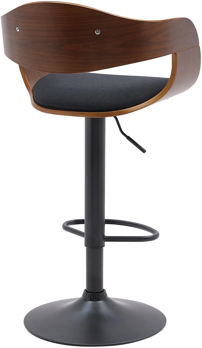 Set de 2 tabourets de bar chaises hautes pieds trompette en métal noir assise en bois marron et tissu noir TDB10761
