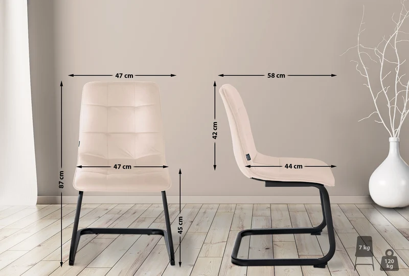 Chaise de salle à manger x1 housse en velours matelassé crème et cadre en métal noir CDS101150