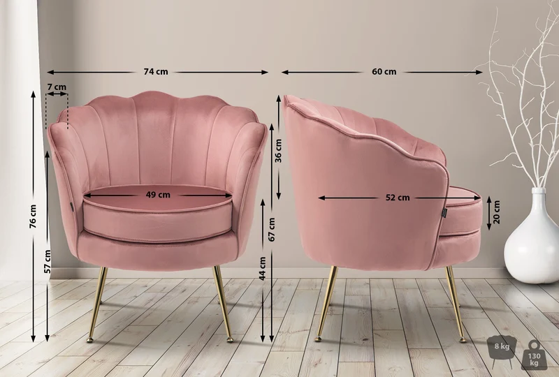 Fauteuil lounge chaise de chaise rembourrée avec coutures décoratives revêtement en velours rose et pieds métal doré FAL101557