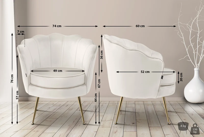Fauteuil lounge chaise de chaise rembourrée avec coutures décoratives revêtement en velours crème et pieds métal doré FAL101554