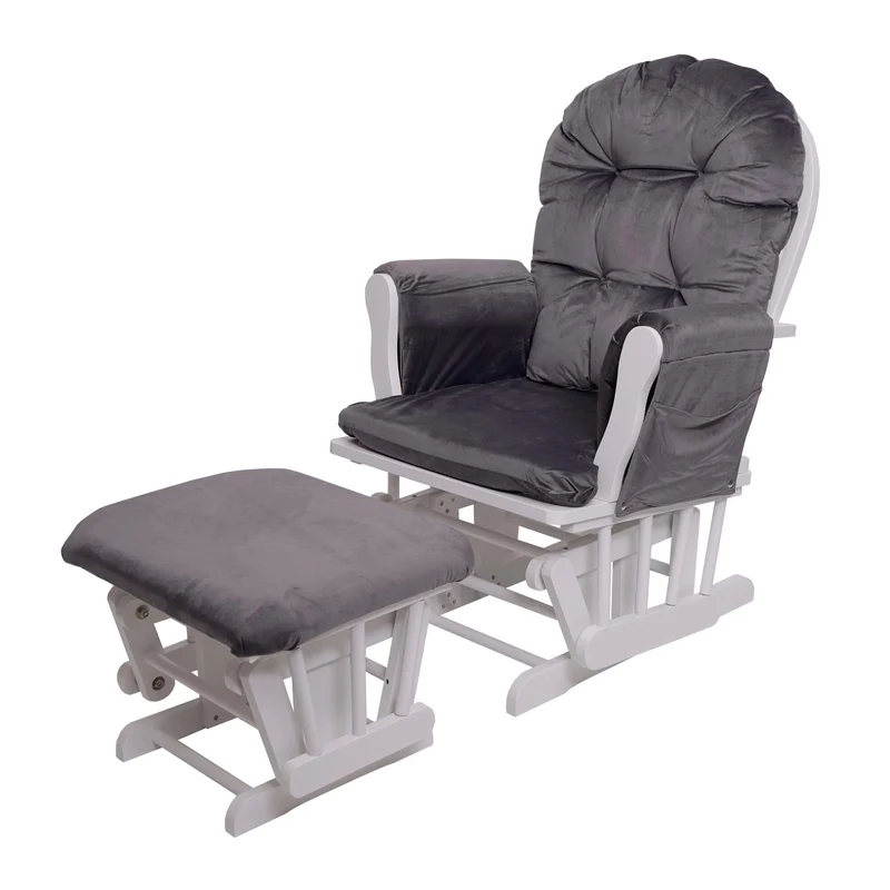 Fauteuil chaise à bascule rocking chair avec repose-pieds relaxation design rustique en bois de bouleau blanc et tissu velours gris 04_0002935