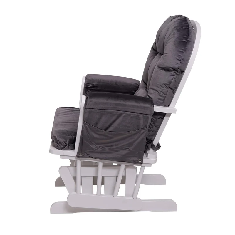 Fauteuil chaise à bascule rocking chair avec repose-pieds relaxation design rustique en bois de bouleau blanc et tissu velours gris 04_0002935