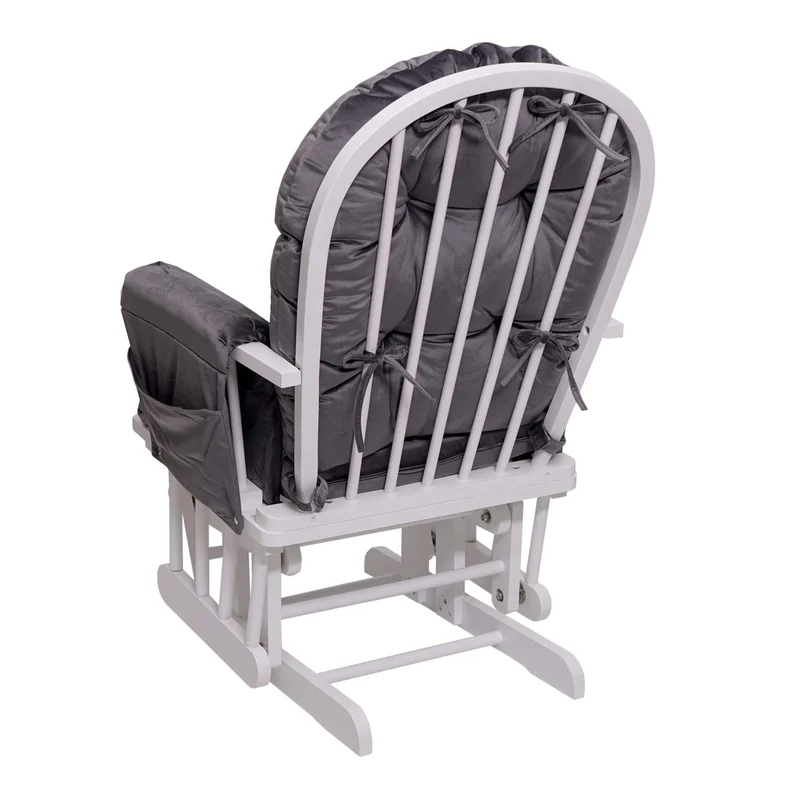 Fauteuil chaise à bascule rocking chair avec repose-pieds relaxation design rustique en bois de bouleau blanc et tissu velours gris 04_0002935