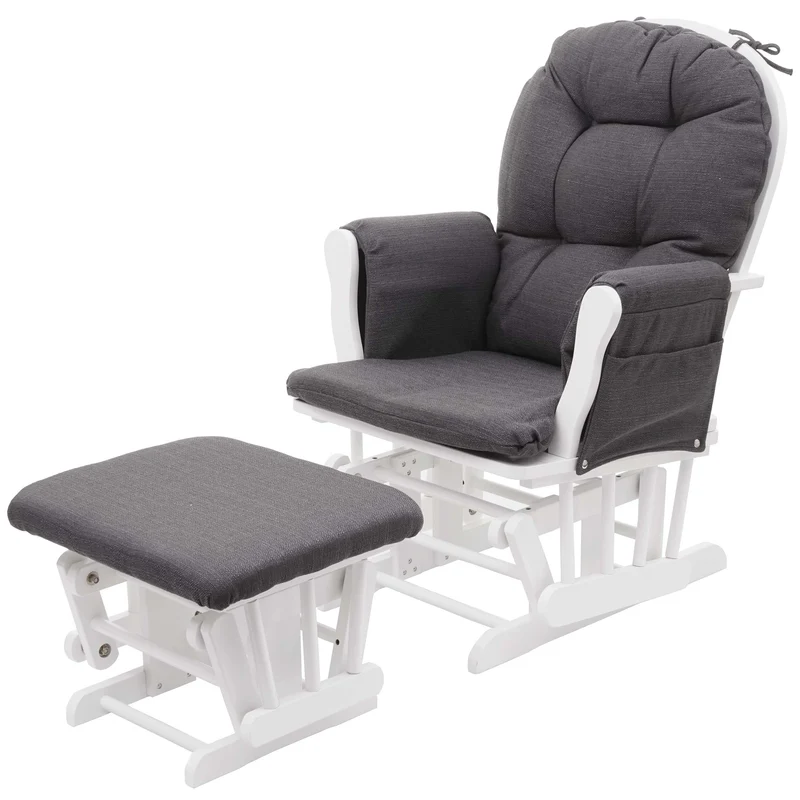 Fauteuil chaise à bascule rocking chair avec repose-pieds relaxation design rustique en bois de bouleau blanc et tissu gris foncé 04_0002929