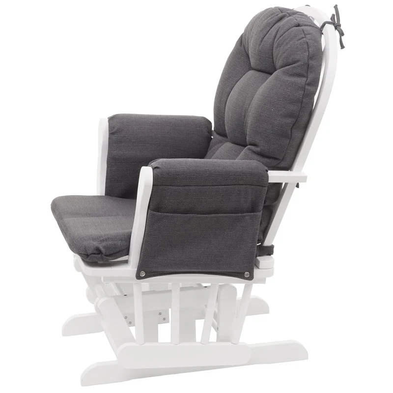 Fauteuil chaise à bascule rocking chair avec repose-pieds relaxation design rustique en bois de bouleau blanc et tissu gris foncé 04_0002929