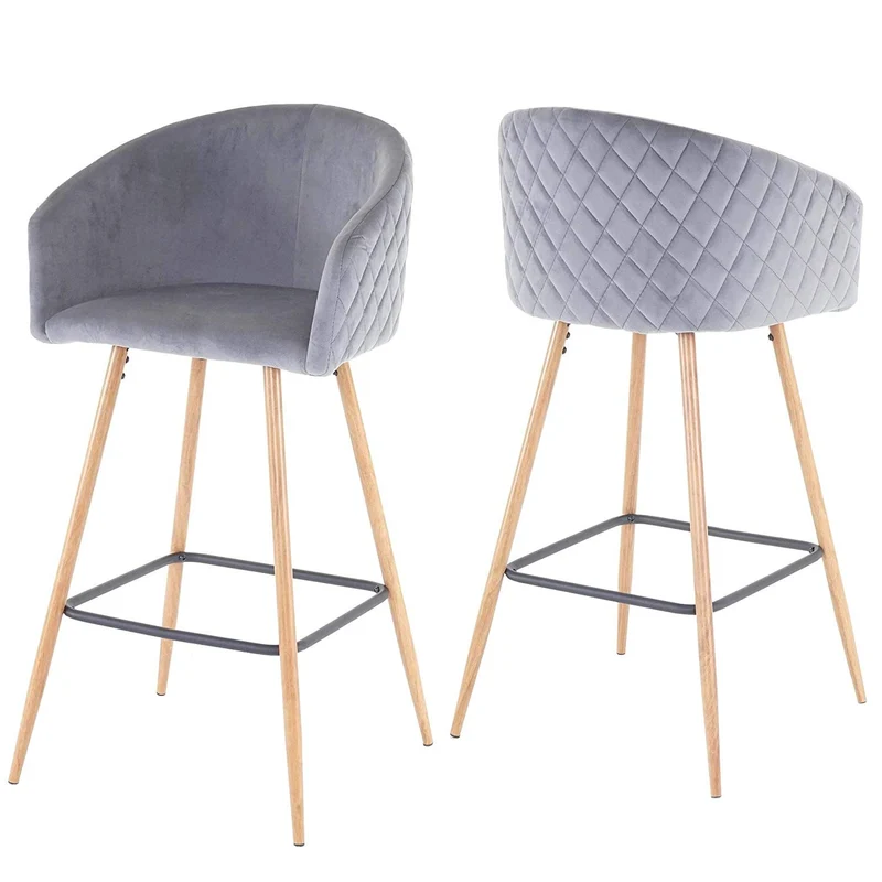 Lot de 2 tabourets de bar en tissu velours gris avec repose-pieds TDB04037