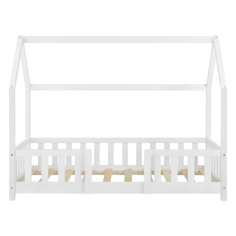 Lit pour enfant cabane maison avec barrière et sommier à lattes en bois de pin blanc 80 x 160 cm 03_0005488