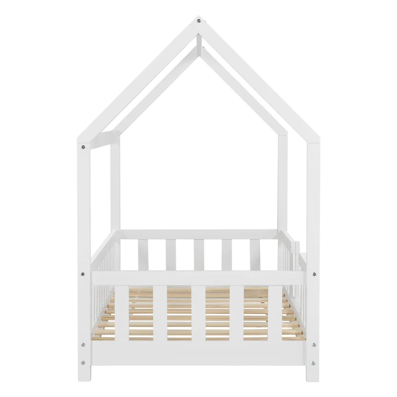 Lit pour enfant cabane maison avec barrière et sommier à lattes en bois de pin blanc 80 x 160 cm 03_0005488