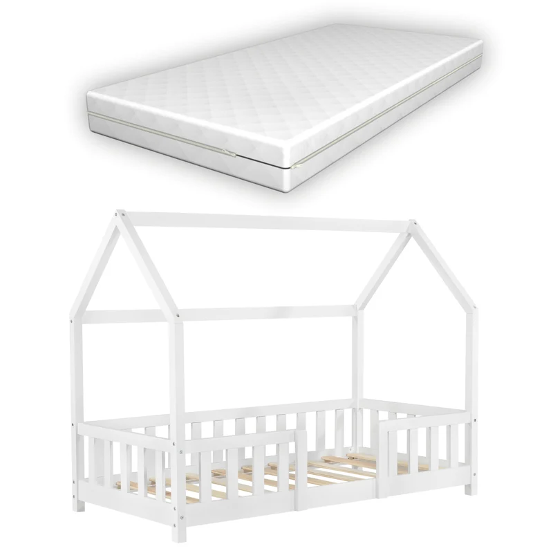 Lit pour enfant cabane maison avec matelas barrière et sommier à lattes en bois de pin blanc 80 x 160 cm 03_0005482