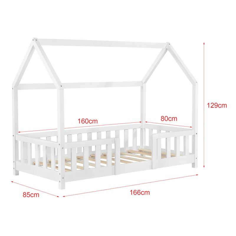Lit pour enfant cabane maison avec matelas barrière et sommier à lattes en bois de pin blanc 80 x 160 cm 03_0005482