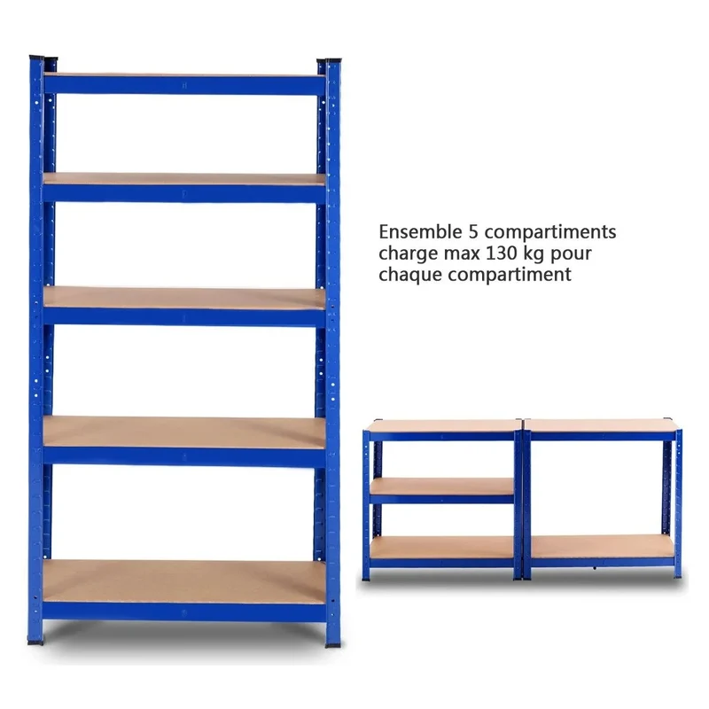 Etagère établi rangement charge lourde métallique tablettes en bois à 5 niveaux 75 x 30 x 150 cm bleu 20_0000597