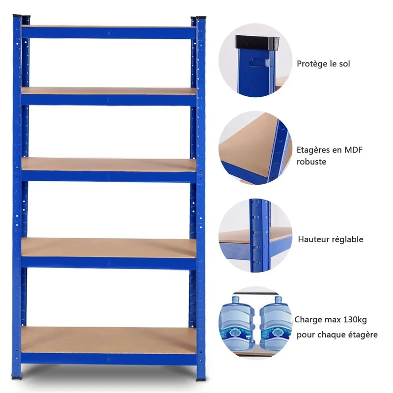 Etagère établi rangement charge lourde métallique tablettes en bois à 5 niveaux 75 x 30 x 150 cm bleu 20_0000597