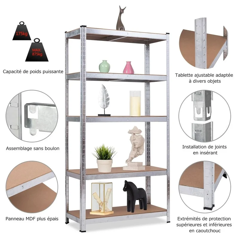 Etagère établi de garage à 5 niveaux charge max.175kg ajustable 90 x 40 x 180cm gris 20_0000596