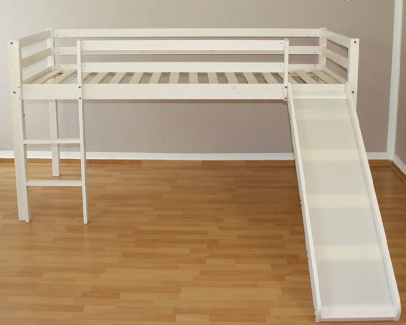Lit mezzanine 90x200cm avec échelle toboggan en bois blanc et toile bleu LIT06115