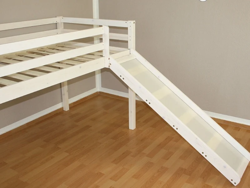 Lit mezzanine 90x200cm avec échelle toboggan en bois blanc et toile bleu LIT06115