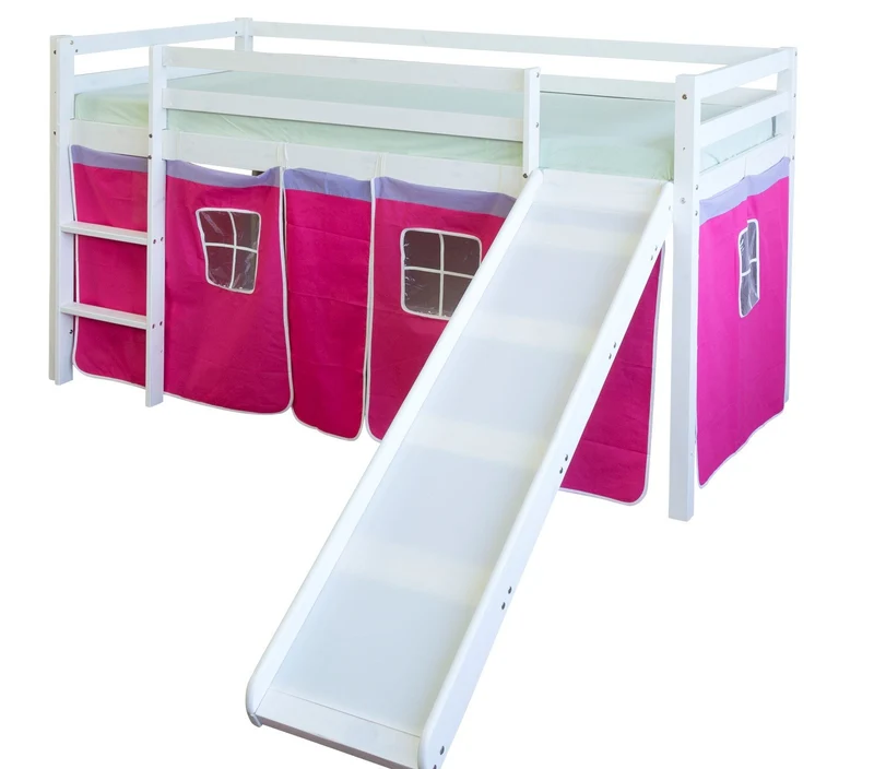 Lit mezzanine 90x200cm avec échelle toboggan en bois blanc et toile rose rouge LIT06114