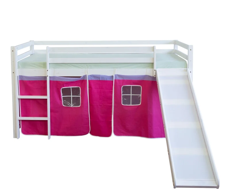 Lit mezzanine 90x200cm avec échelle toboggan en bois blanc et toile rose rouge LIT06114