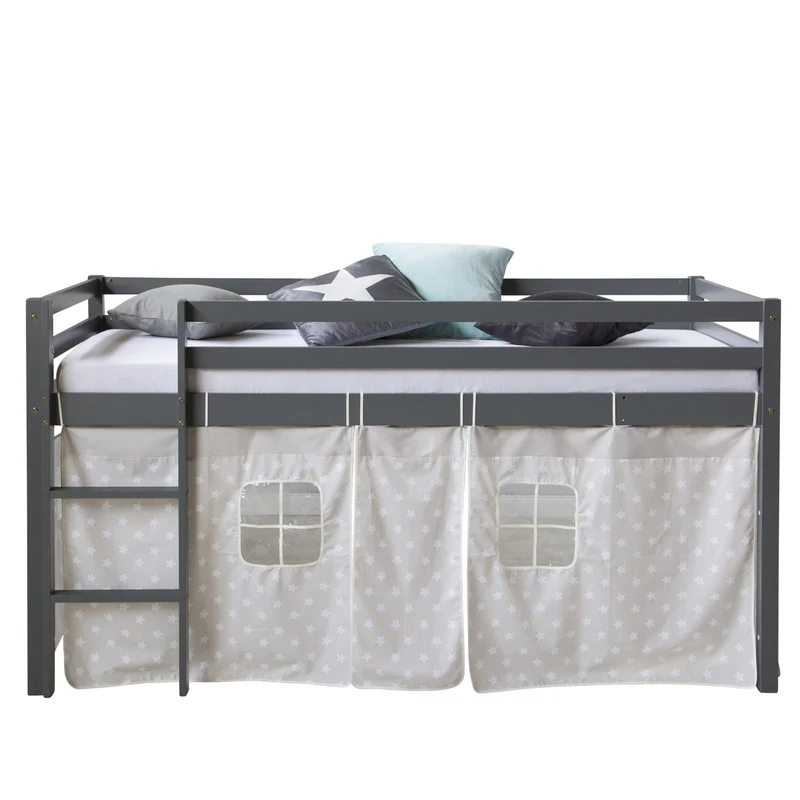 Lit mezzanine 90x200cm avec échelle en bois gris avec tissu étoile LIT06177/2