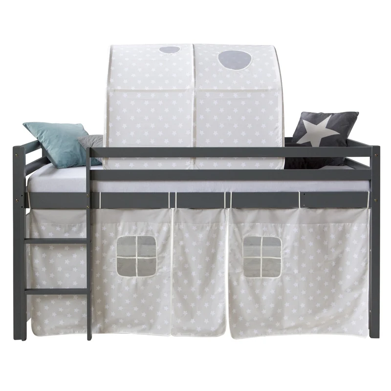 Lit mezzanine 90x200cm avec échelle en bois gris avec tissu étoile et tunnel LIT06178