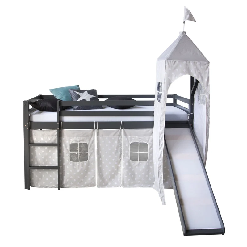 Lit mezzanine 90x200cm avec échelle toboggan en bois gris avec tissu étoile et tour LIT06175