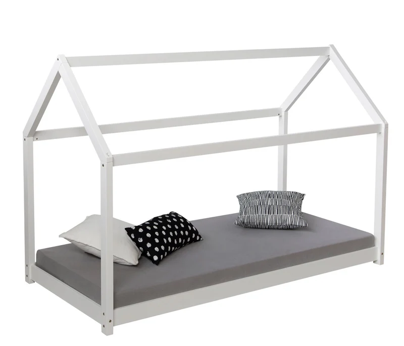 Lit pour enfant en forme de maison en bois blanc avec sommier à lattes LIT06169
