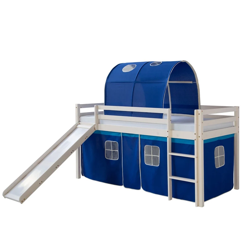 Lit mezzanine pour enfant avec sommier toboggan tunnel rideau modèle bleu 90x200 cm LIT06186