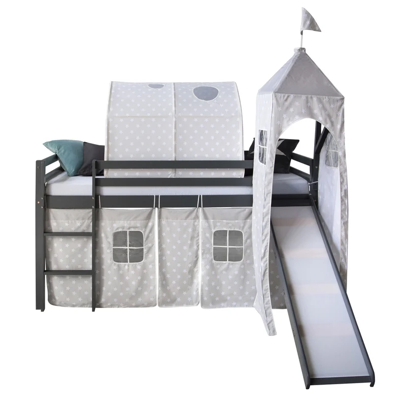 Lit mezzanine 90x200cm avec échelle toboggan en bois gris avec tissu étoile tunnel et tour LIT06176