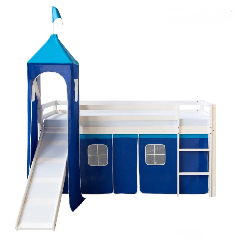 Lit mezzanine 90x200cm avec échelle toboggan en bois blanc et toile bleu incluse LIT06152