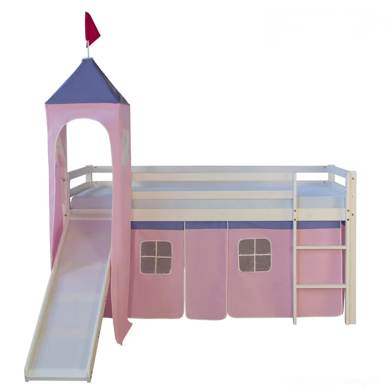Lit mezzanine 90x200cm avec échelle toboggan en bois blanc et toile rose incluse LIT06153