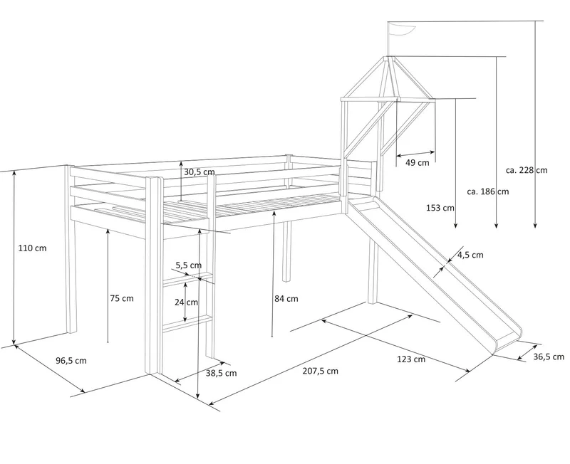 Lit mezzanine 90x200cm avec échelle toboggan en bois blanc et toile rose incluse LIT06153